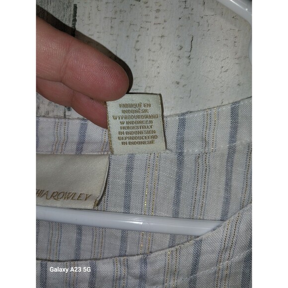 Cynthia Rowley White Blue Gold Striped Short Sleeve Linen Top Size Medium - Picture 3 of 6